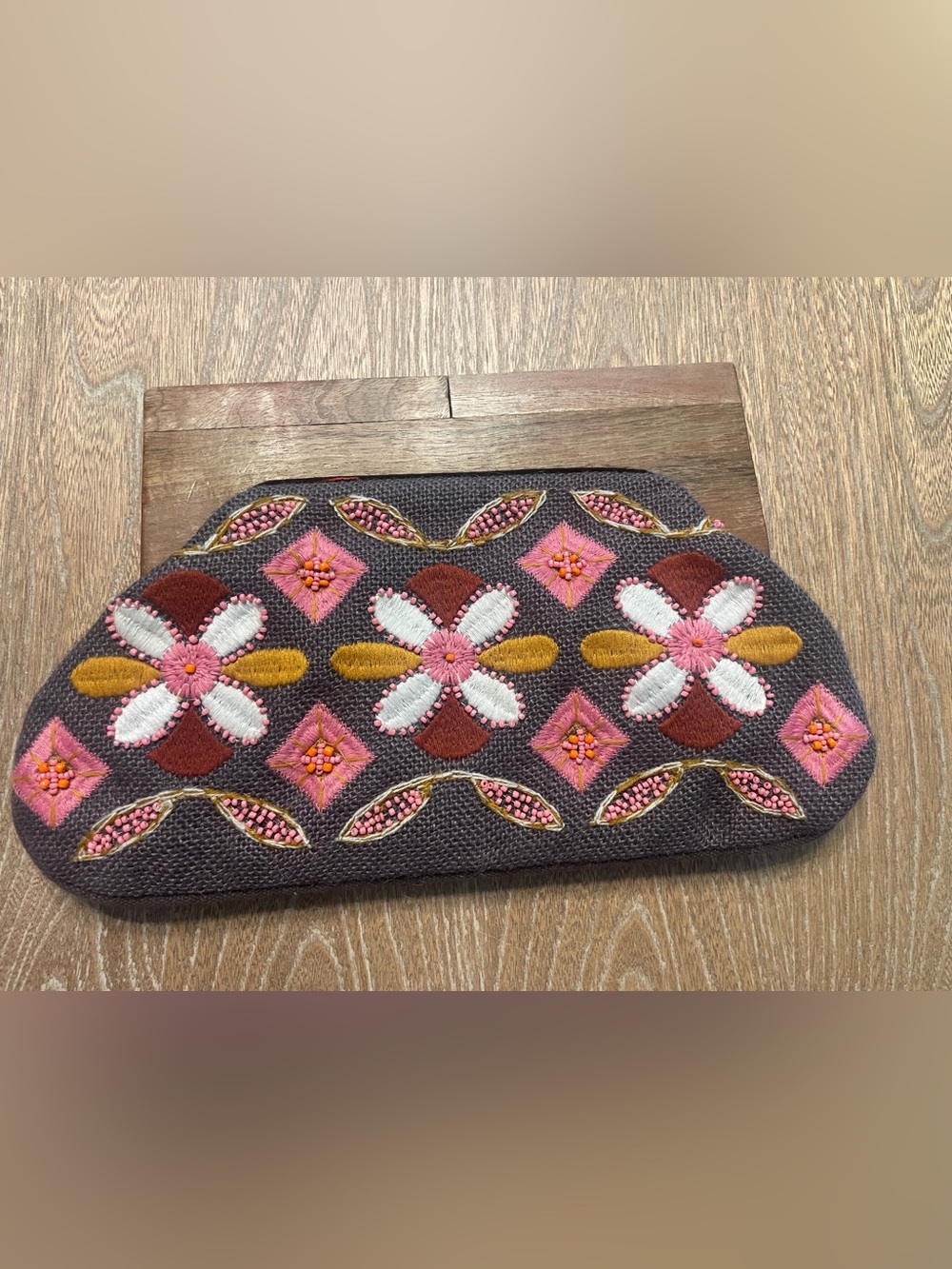 Embroidered Floral Zip Clutch in Charcoal with Pink & Mustard Accents